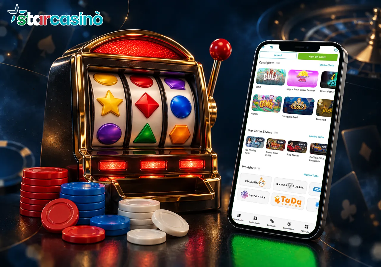 Una slot colorata accompagna la modalità demo sul telefono, tra fiches e gettoni