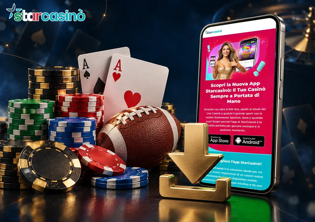 Starcasino mobile prende vita sul telefono, tra carte, fiches, pallone e freccia di download